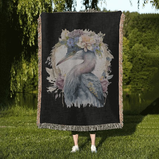 Watercolor Heron Freshwater Bird Watching Flower C Woven Blankets