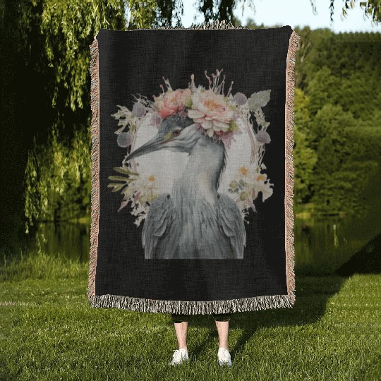 Watercolor Heron Freshwater Bird Flower Crown Flor Woven Blankets