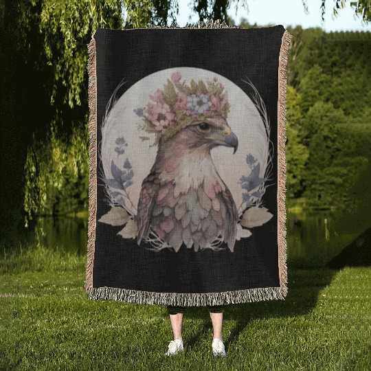 Cute Hawk Bird Of Prey Flower Crown Floral Bird Wa Woven Blankets