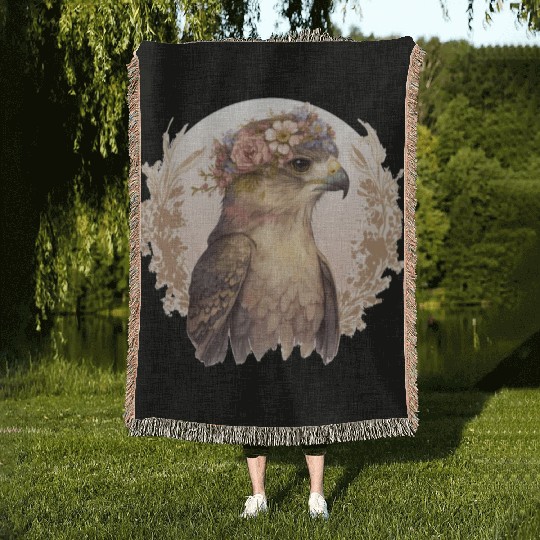 Watercolor Hawk Bird Of Prey Flower Crown Floral B Woven Blankets