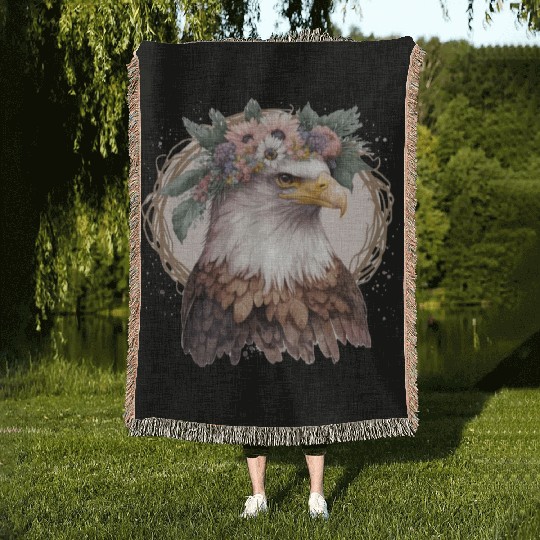 Watercolor Bald Eagle Flower Crown Floral Bird Wat Woven Blankets