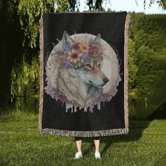 Cute Wolf Flower Crown Boho Aesthetic Animal Lover Woven Blankets
