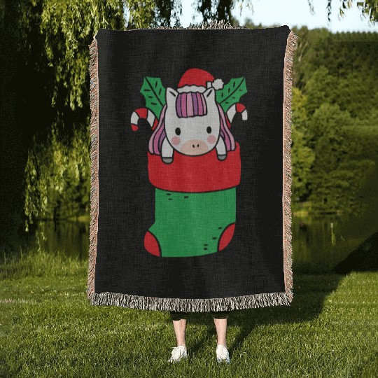 Cute Unicorn inside Christmas Sock with Candy Cane Woven Blankets