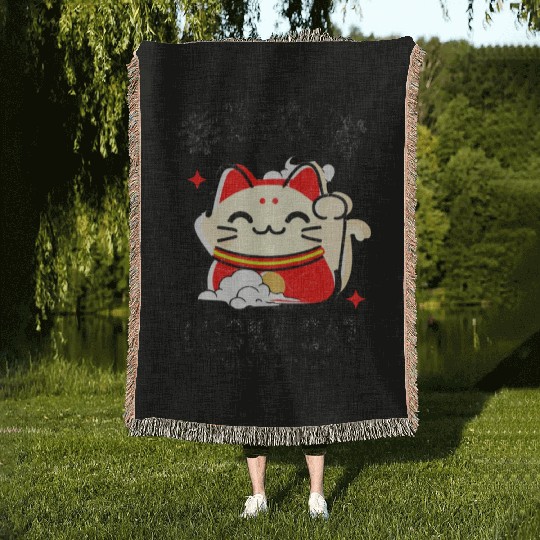 Lucky Cat Tokyo Desing Japanese Writing Woven Blankets