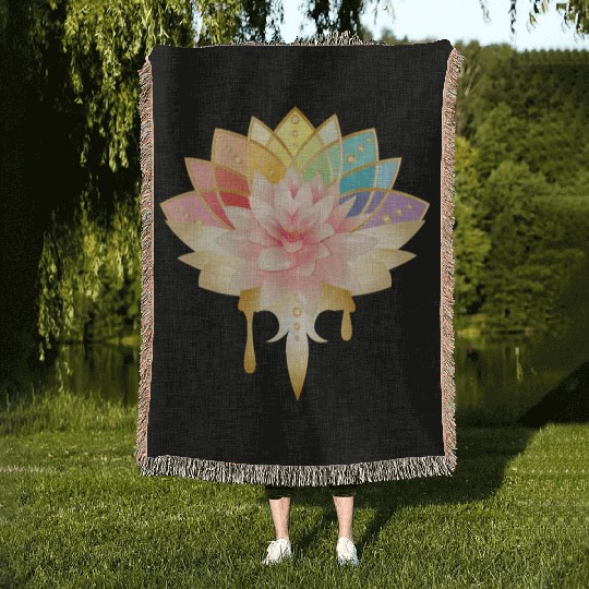 Lotus with golden flowers icon in pastel colors Woven Blankets