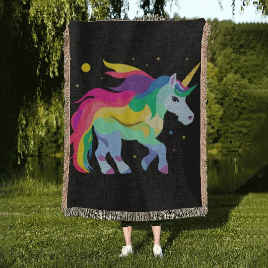 Magical and Colorful Unicorn Illustration Woven Blankets