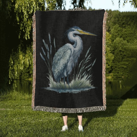 Watercolor Heron in Nature Woven Blankets