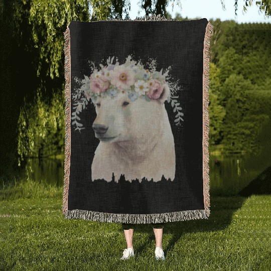 Watercolor Polar Bear Flower Crown Boho Aesthetic Woven Blankets