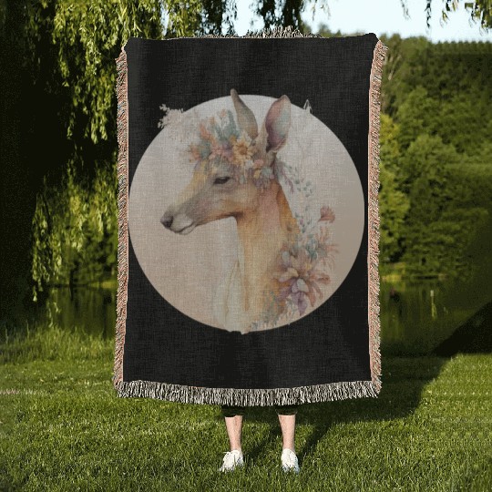 Australian Kangaroo Flower Crown Watercolor Animal Woven Blankets
