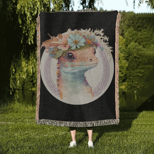 Cute Watercolor Gecko Reptile Flower Crown Boho Ae Woven Blankets