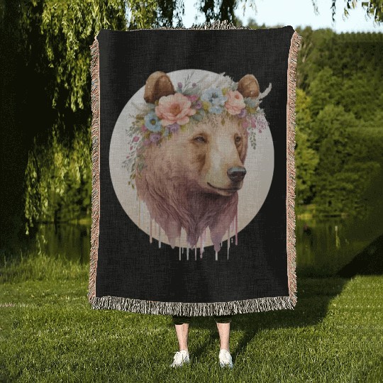 Watercolor Brown Bear Grizzly Flower Crown Wild An Woven Blankets