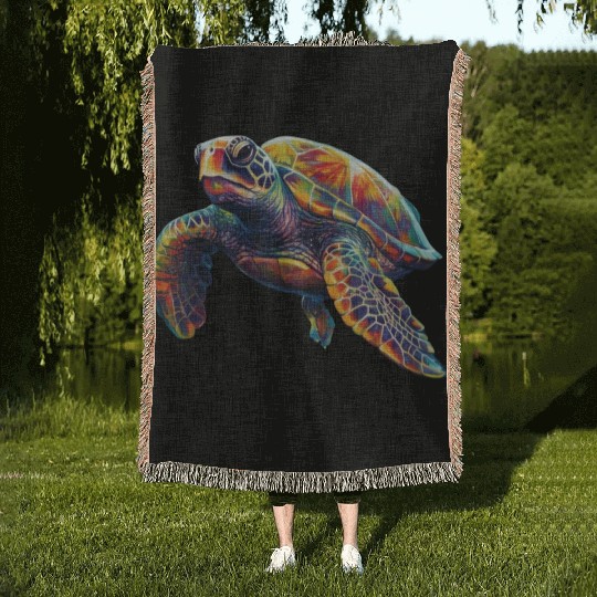Colorful underwater sea turtle dreamlike beautiful Woven Blankets