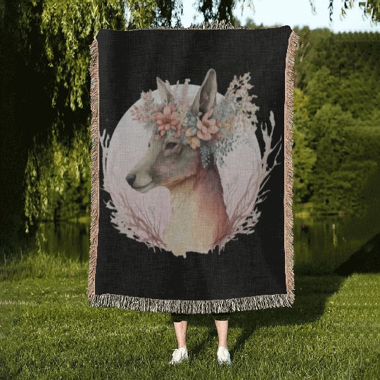 Watercolor Kangaroo Flower Crown Australian Animal Woven Blankets