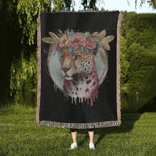 Flower Crown Jaguar Floral Animal Lovers Woven Blankets