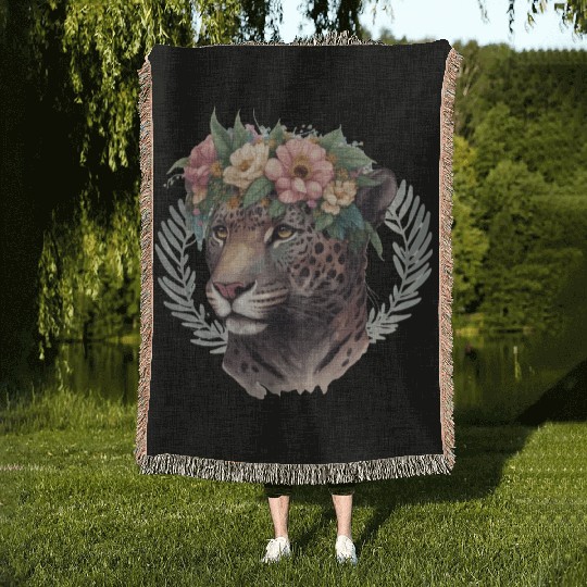 Watercolor Jaguar Flower Crown Wild Cat Lover Woven Blankets