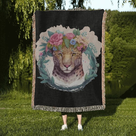 Jaguar Flower Crown Floral Watercolor Woven Blankets