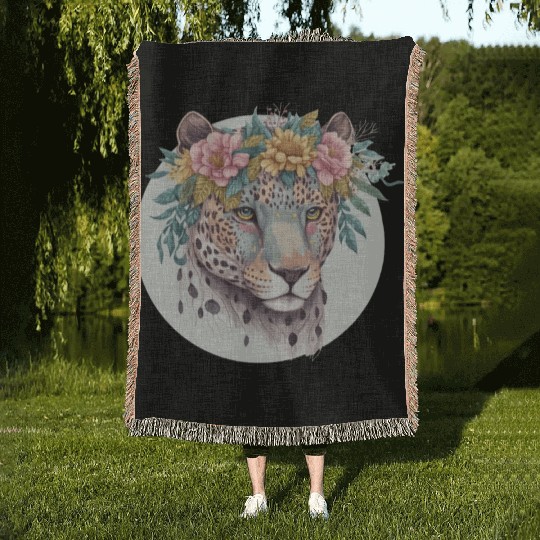 Floral Jaguar Flower Crown Watercolor Animal Woven Blankets