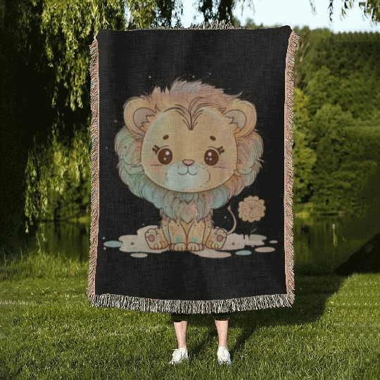 Cute Lion Pastel Drawing Woven Blankets