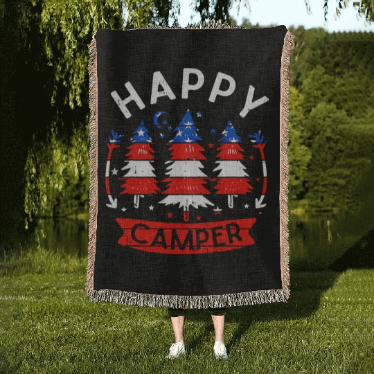 Happy Camper US Flag Patriotic 4th Of July Woven Blankets