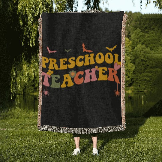 Funny Groovy Halloween Preschool Teacher Men Women Woven Blankets