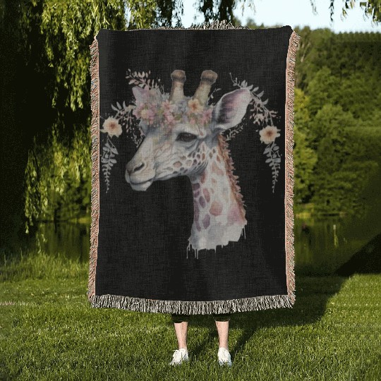 Watercolor Giraffe Flower Crown Exotic Animal Flor Woven Blankets
