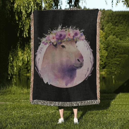 Cute Capybara Rodent Flower Crown Floral Watercolo Woven Blankets
