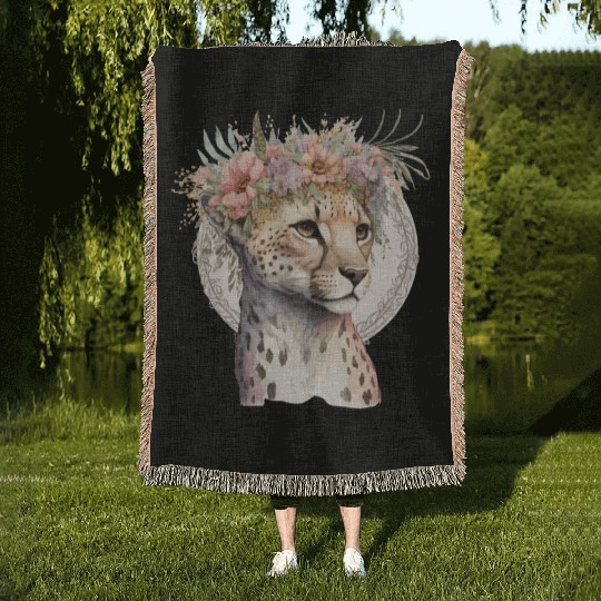 Cute Cheetah Flower Crown Boho Aesthetic Woven Blankets