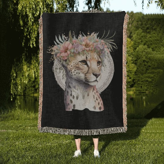 Cute Cheetah Flower Crown Boho Aesthetic Woven Blankets