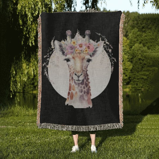 Cute Giraffe Flower Crown Africa Safari Animal Woven Blankets