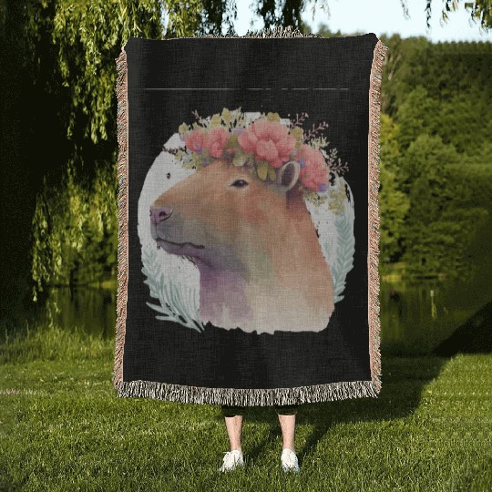 Watercolor Capybara Rodent Flower Crown Animal Lov Woven Blankets