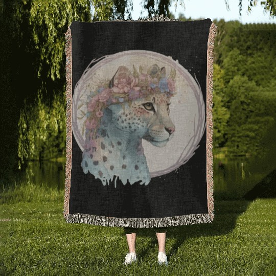 Cute Cheetah Flower Crown Floral Watercolor Animal Woven Blankets