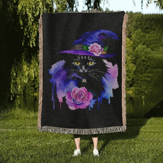 Watercolor Cat Halloween Sublimation Woven Blankets