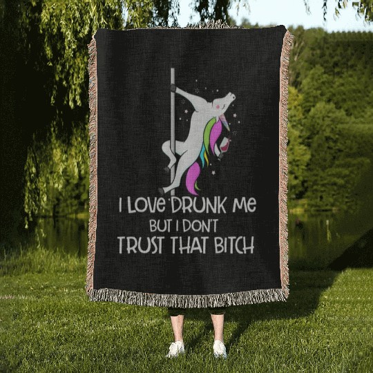 Wine Lover Gift For Women I Love Drunk Me Unicorn Woven Blankets