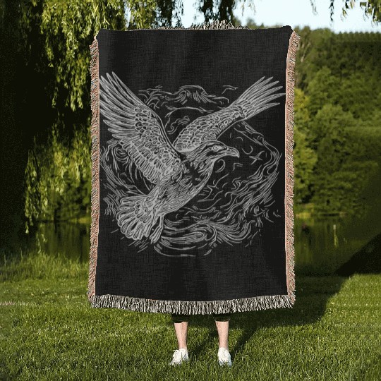 Flying Seagull Over The Water Cloud Woven Blankets