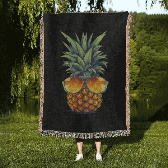 An adorable pineapple, wearing sunglasses Woven Blankets
