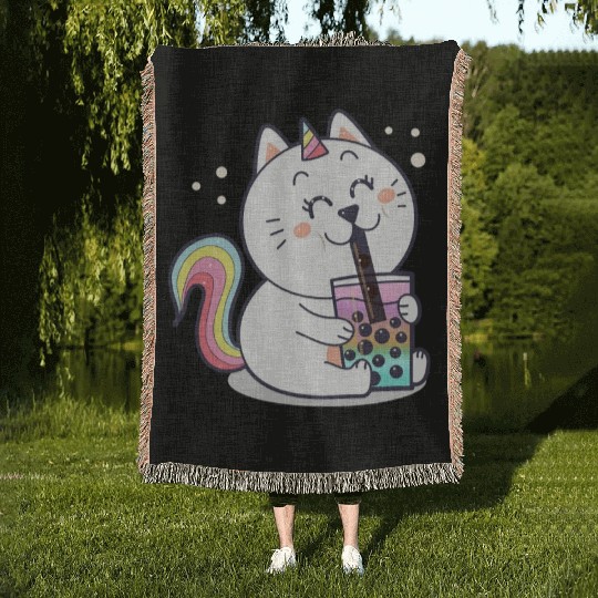 Bubble Tea Cute Kawaii Unicorn Cat Japanese Woven Blankets