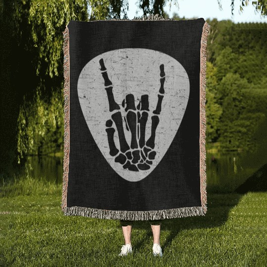 Cool Rock And Roll Skeleton Hand On A Guitar Pick Woven Blankets