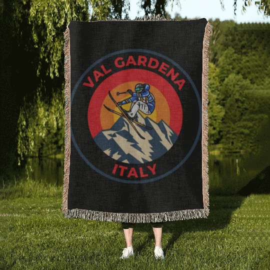 Vintage Cool Skiing in Val Gardena Italy Sunset Woven Blankets
