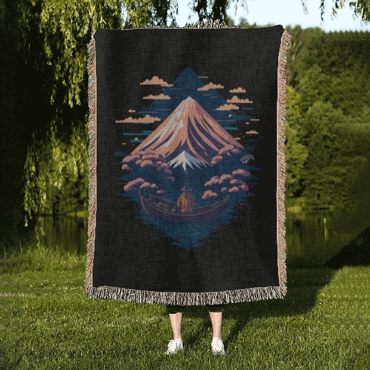 Serene Mount Fuji Sunset Peaceful River Scenery Woven Blankets