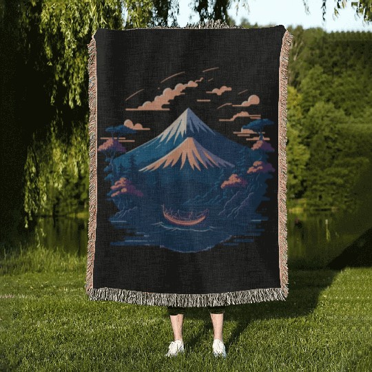 Serene Mount Fuji Sunset Peaceful River Scenery Woven Blankets