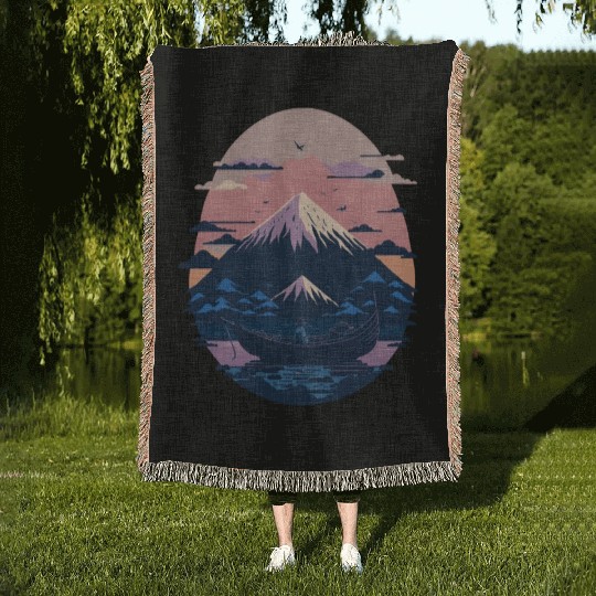 Serene Mount Fuji Sunset Peaceful River Scenery Woven Blankets