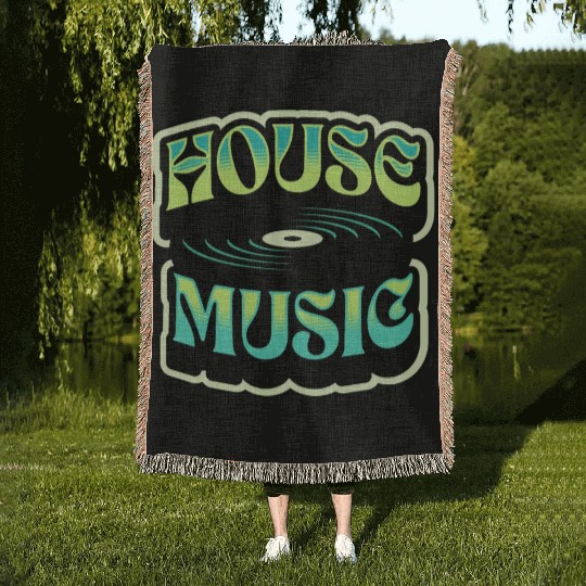 HOUSE MUSIC - Groovy Vinyl (teal/lime) Woven Blankets