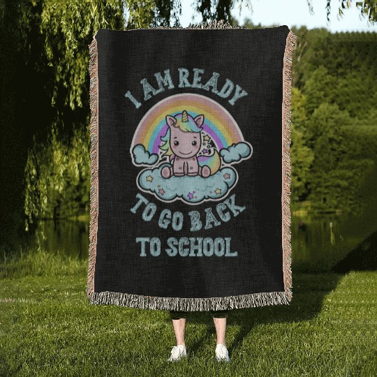 Ready to Go Back to School Kawaii Unicorn Rainbow Woven Blankets