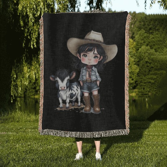 Cowgirl with Cow Woven Blankets