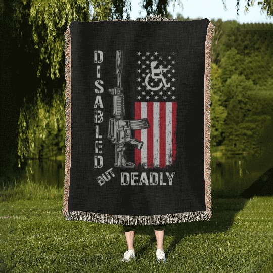 Disabled But Deadly Gun Grandpa US Flag Disability Woven Blankets