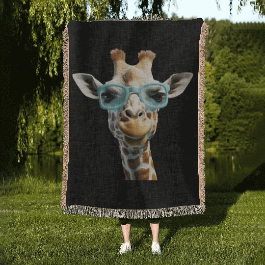 Giraffe Wearing Blue Sunglasses Wildlife Animal Woven Blankets
