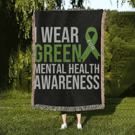 Green Ribbon Mental Health & Depression Awareness Woven Blankets