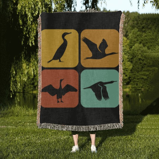 Retro Cormorant Birds I Aesthetic I Cormorant Bird Woven Blankets