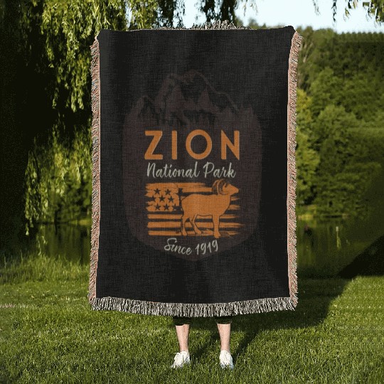Zion National Park Us Flag Bighorn Sheep Mountains Woven Blankets