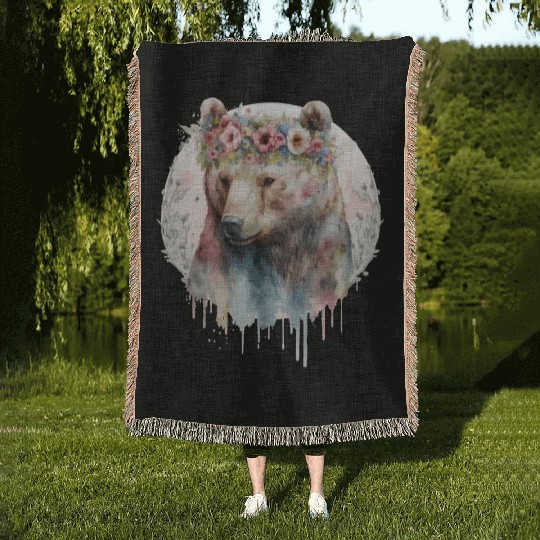 Artistic Watercolor Grizzly Bear Flower Crown Boho Woven Blankets